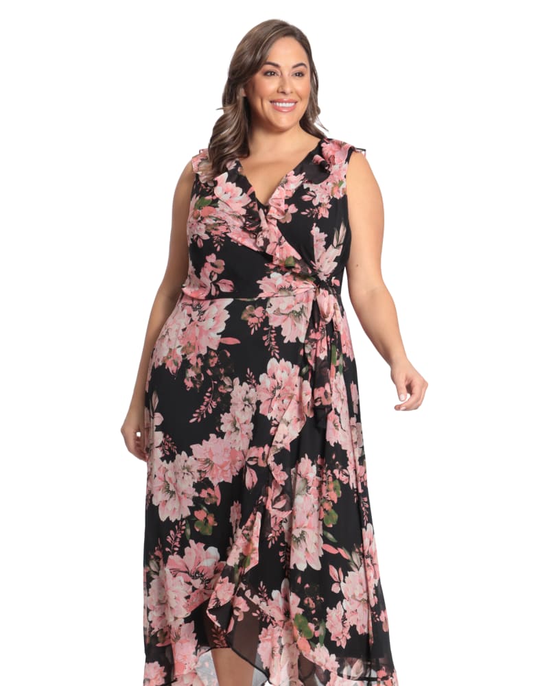 Front of a model wearing a size 22W Floral side tie ruffle wrap maxi dress in Black/Pink by London Times. | dia_product_style_image_id:264152